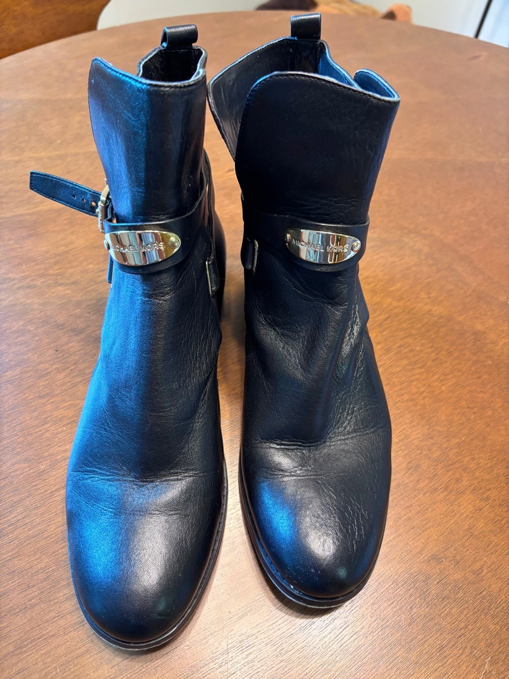 Michael Kors Black Leather Ankle Booties with Gold Logo Plaques